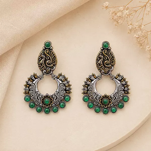 Aaranya Peacock Green Stone Oxidised Chandbali Earrings