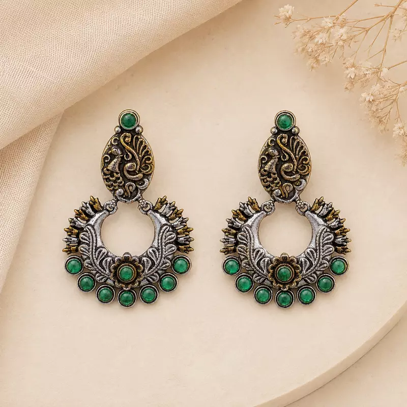 Aaranya Peacock Green Stone Oxidised Chandbali Earrings