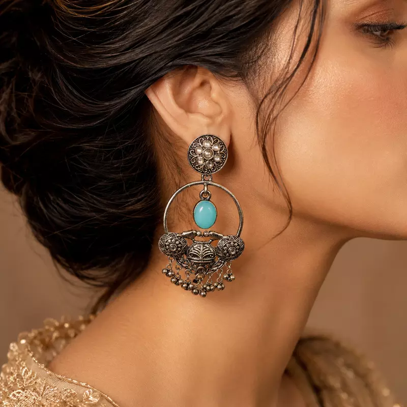 Firoza Aqua Stone Bird Motif Oxidised Chandbali Earrings