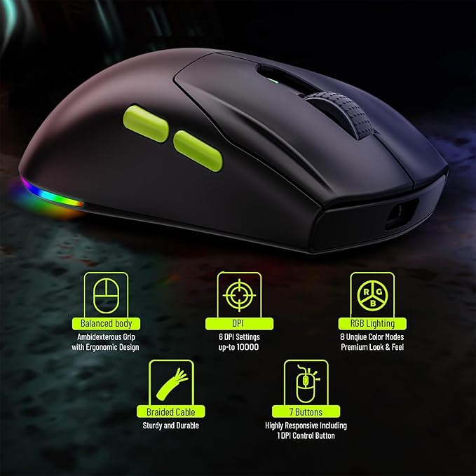 Archer Tech Lab Recurve 600 Wireless Gaming Mouse, Three Mode Connectivity (2.4G/Bluetooth/Wired), Adjustable 10000 DPI and 7 Buttons, 8 RGB Modes, Pi