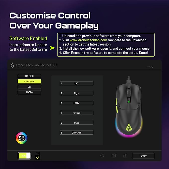 Archer Tech Lab Recurve 600 Wireless Gaming Mouse, Three Mode Connectivity (2.4G/Bluetooth/Wired), Adjustable 10000 DPI and 7 Buttons, 8 RGB Modes, Pi