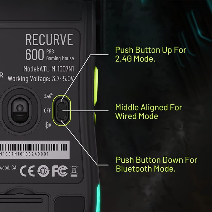 Archer Tech Lab Recurve 600 Wireless Gaming Mouse, Three Mode Connectivity (2.4G/Bluetooth/Wired), Adjustable 10000 DPI and 7 Buttons, 8 RGB Modes, Pi