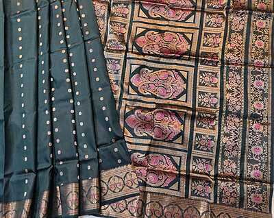 Black Swarnachari with pink meena in the pallu