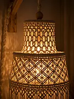 Natural Ivory Macrame Pendant Lamp Shade with Diamond Knotwork & Fringe