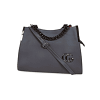 Charcoal Grey Structured Handbag with Metal Chain Detail