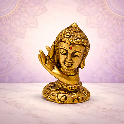 Golden Buddha Head Statue with Blessing Hand | Decorative Meditating Buddha Idol for Home Décor