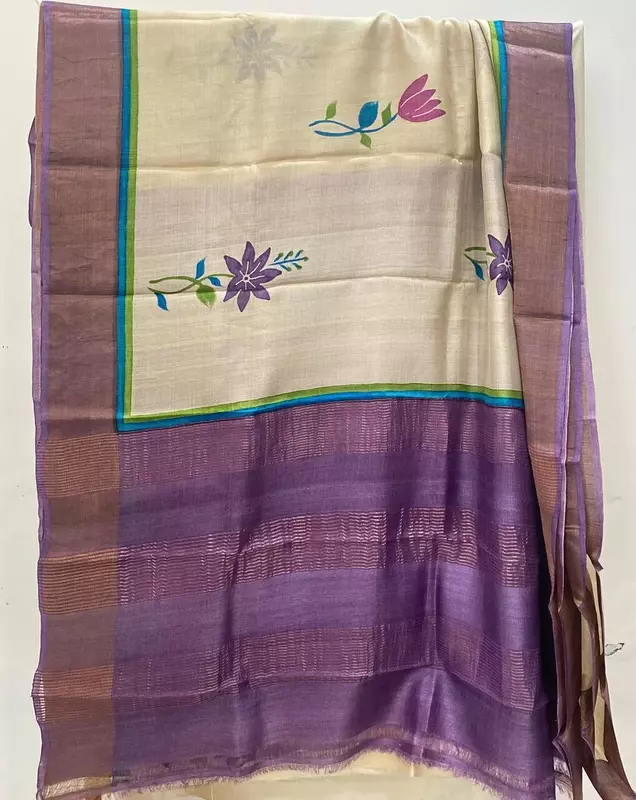 Tussar Silk Saree with Purple Border & Floral Design | Elegant Handloom Saree