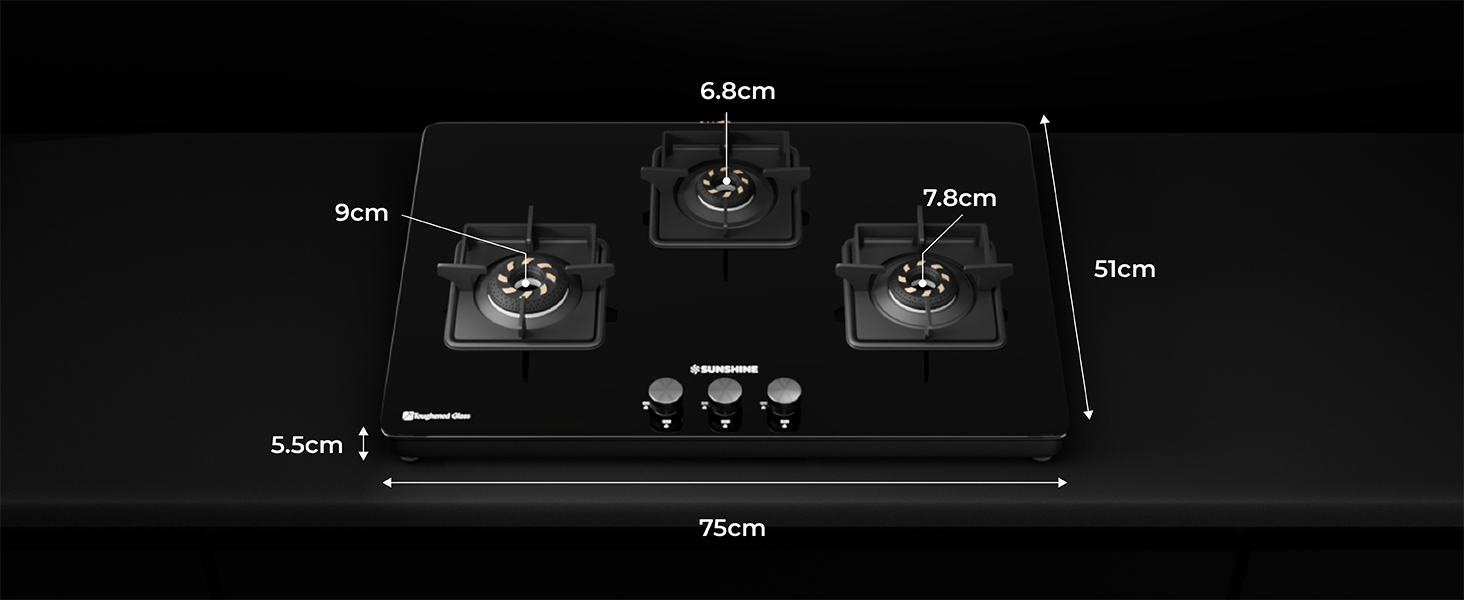 3 Burner Glass Hob Top Cooktop Manual Ignition
