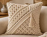 Ivory Macrame Diagonal Weave Cushion Cover with Bead & Tassel
