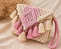 Blush Pink & Ivory Macrame Clutch Bag with Multi-Tassel Fringe