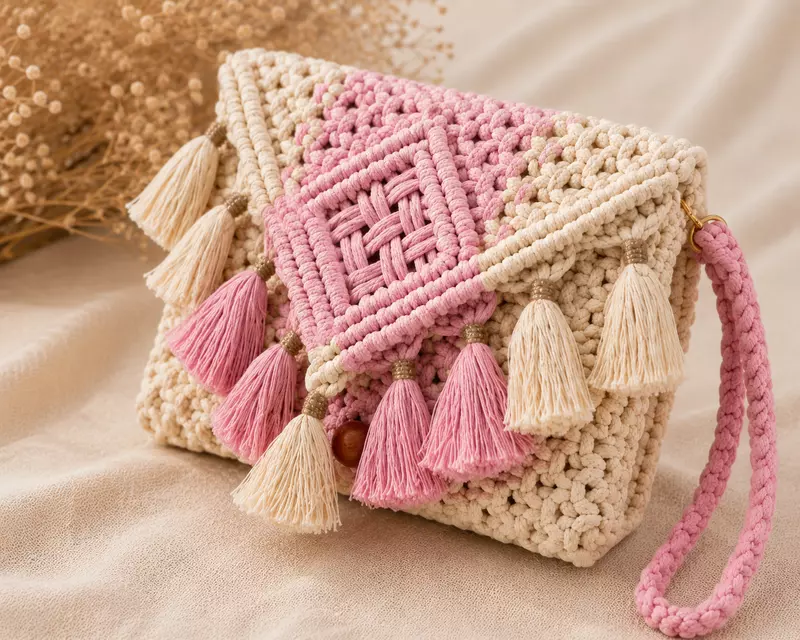 Blush Pink & Ivory Macrame Clutch Bag with Multi-Tassel Fringe