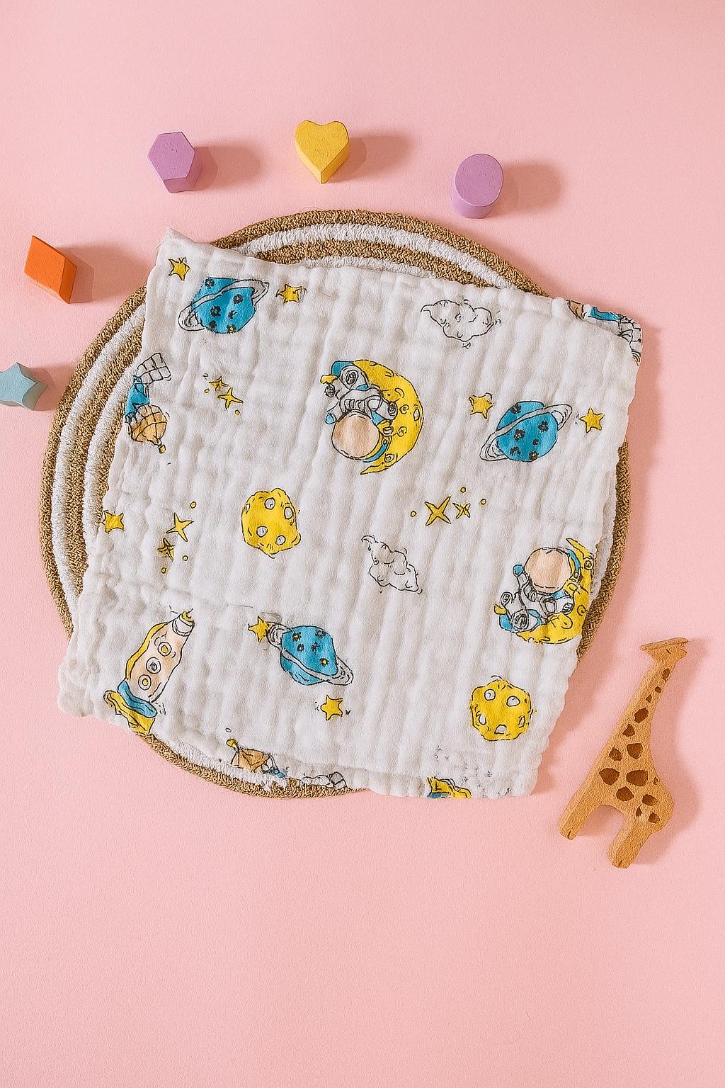 6 Layer Muslin Wash cloth / Face towel - White Printed - Pack of 5 (Assorted)