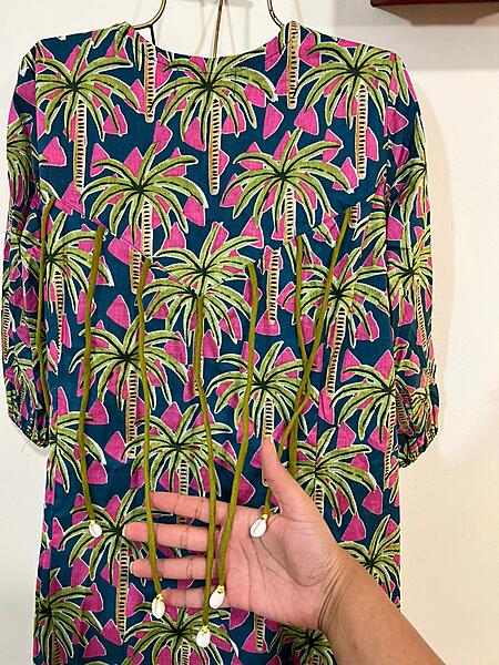 Rihana's Sleeved A-Line Dress - Turquoise & pink with Palms