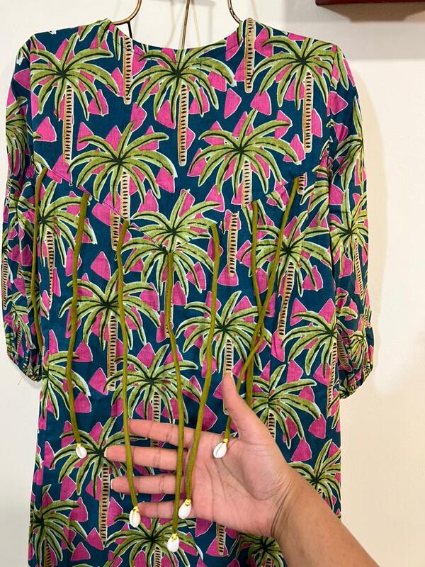 Rihana's Sleeved A-Line Dress - Turquoise & pink with Palms