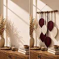 Burgundy & Ivory Macrame Feather Leaf Wall Hanging