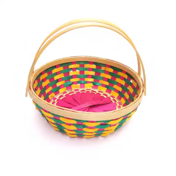 Colorful round bamboo saji basket with handle for storage, gifting, and decor Colorful round bamboo saji basket with handle for storage, gifting, and decor