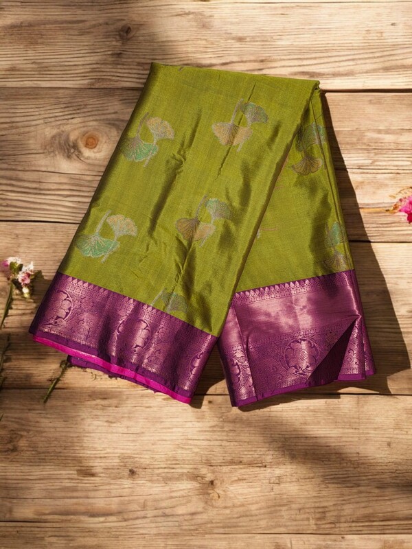 Olive Green Banarasi Silk Saree with Unstitched Blouse