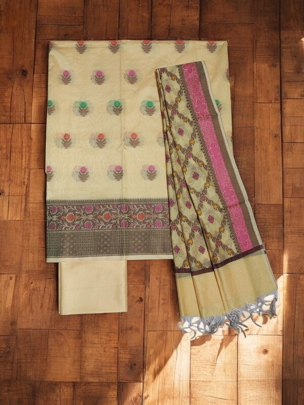 Yellow Unstitched Banarasi Cotton Dress Material with Dupatta for Women