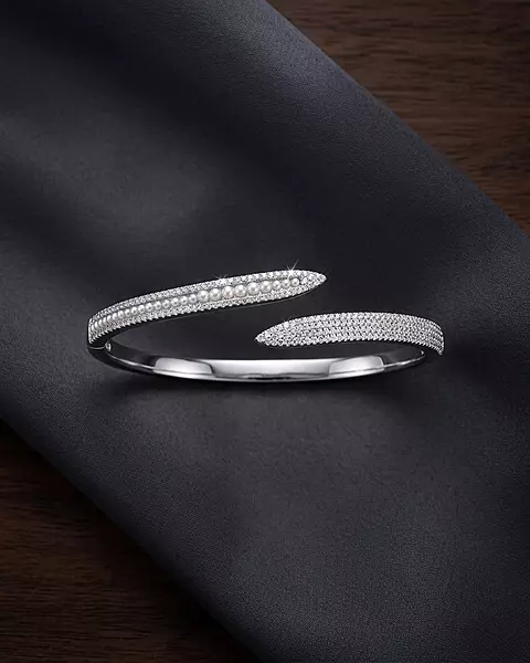 925 Silver Opulent Overlap Pearl & Pavé Bangle