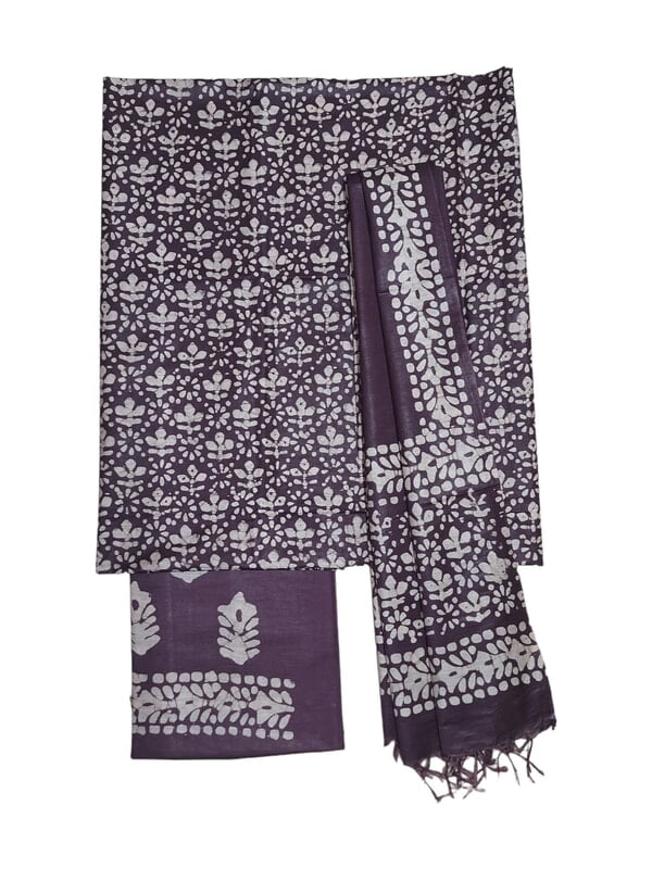 Brown Unstitched Batik Print Katan Silk Salwar Suit Dress Material with Dupatta