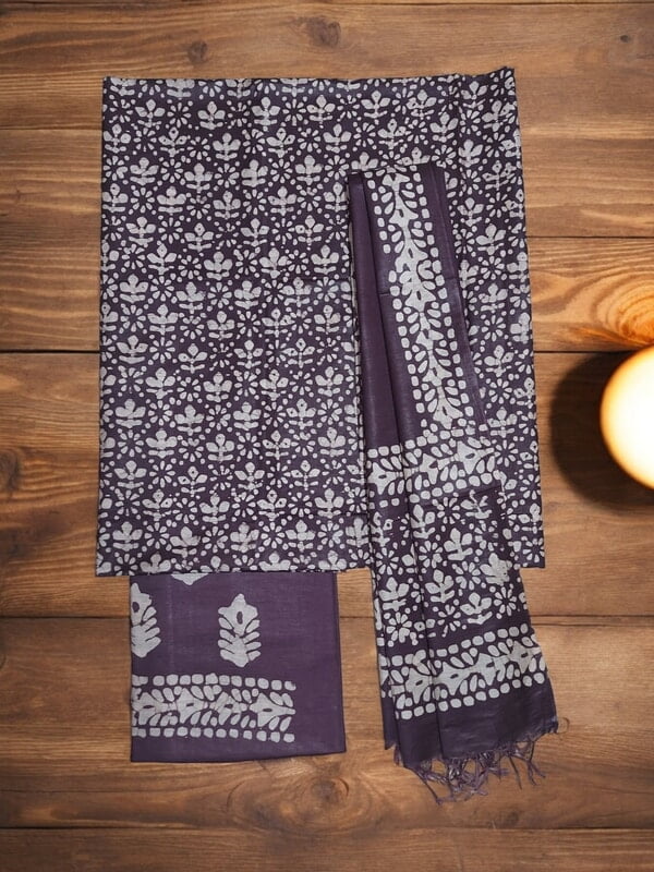 Brown Unstitched Batik Print Katan Silk Salwar Suit Dress Material with Dupatta