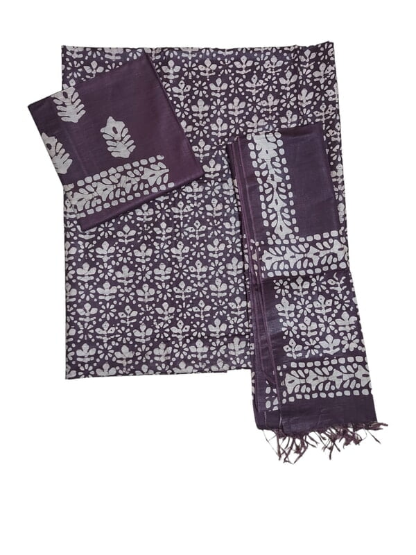 Brown Unstitched Batik Print Katan Silk Salwar Suit Dress Material with Dupatta