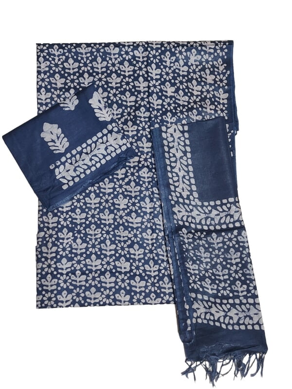 Indigo Unstitched Batik Print Katan Silk Salwar Suit Dress Material with Dupatta