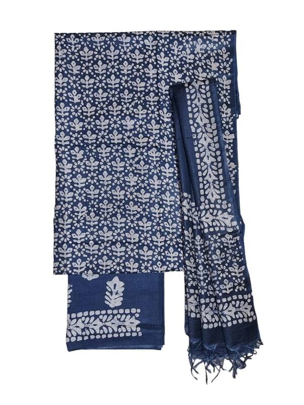 Indigo Unstitched Batik Print Katan Silk Salwar Suit Dress Material with Dupatta