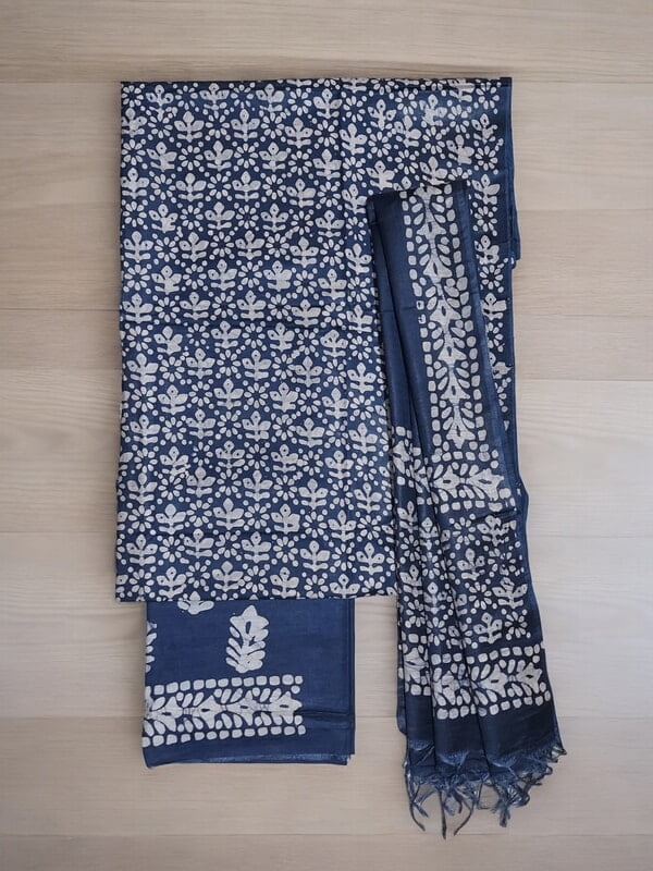 Indigo Unstitched Batik Print Katan Silk Salwar Suit Dress Material with Dupatta
