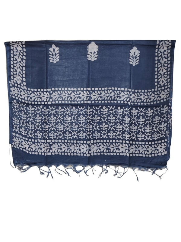 Indigo Unstitched Batik Print Katan Silk Salwar Suit Dress Material with Dupatta