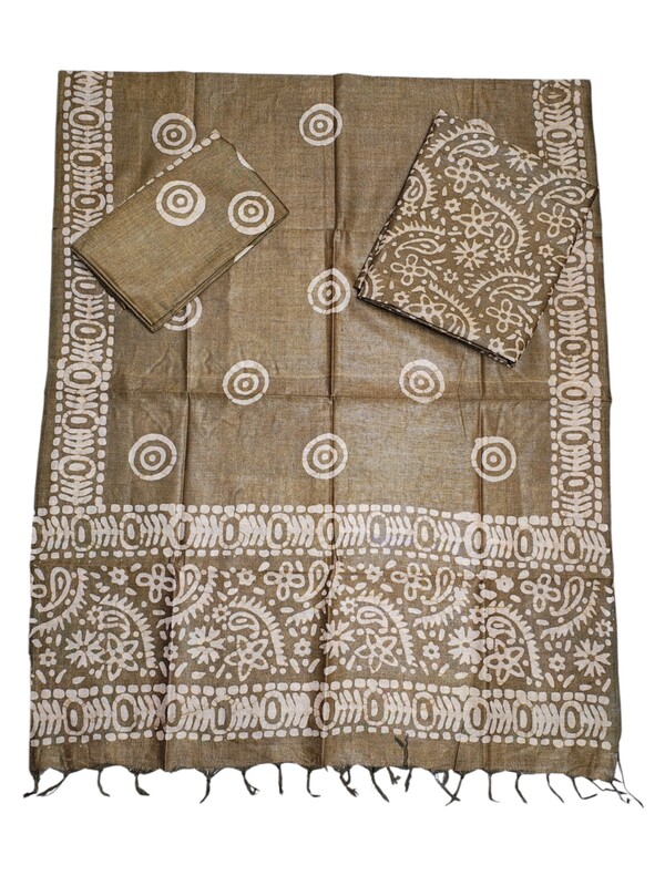 Olive Green Unstitched Batik Print Cotton Salwar Suit Dress Material with Dupatta