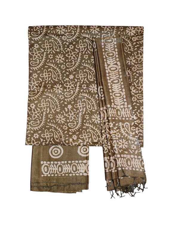 Olive Green Unstitched Batik Print Cotton Salwar Suit Dress Material with Dupatta