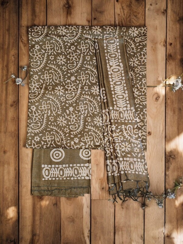 Olive Green Unstitched Batik Print Cotton Salwar Suit Dress Material with Dupatta