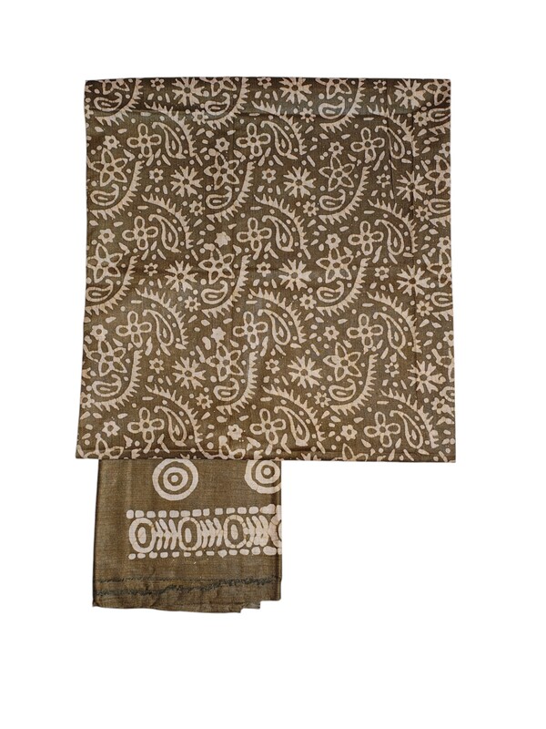 Olive Green Unstitched Batik Print Cotton Salwar Suit Dress Material with Dupatta