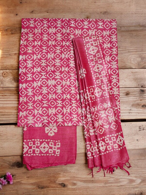 Pink Unstitched Batik Print Cotton Salwar Suit Dress Material with Dupatta