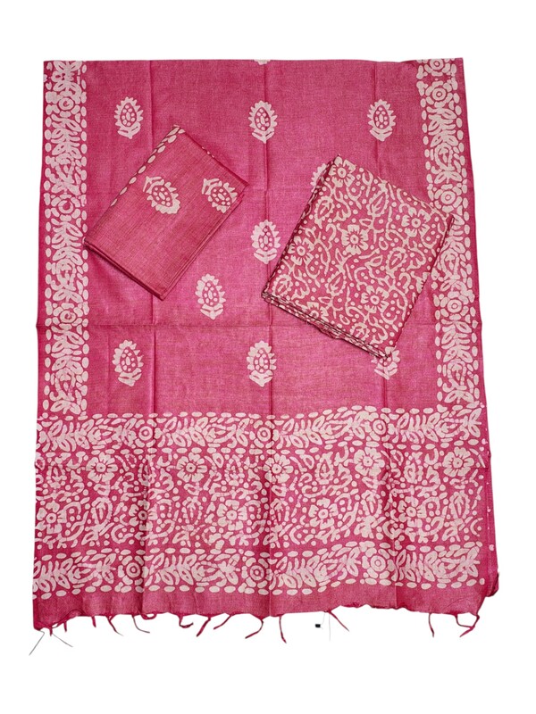 Dark Pink Unstitched Batik Print Cotton Salwar Suit Dress Material with Dupatta