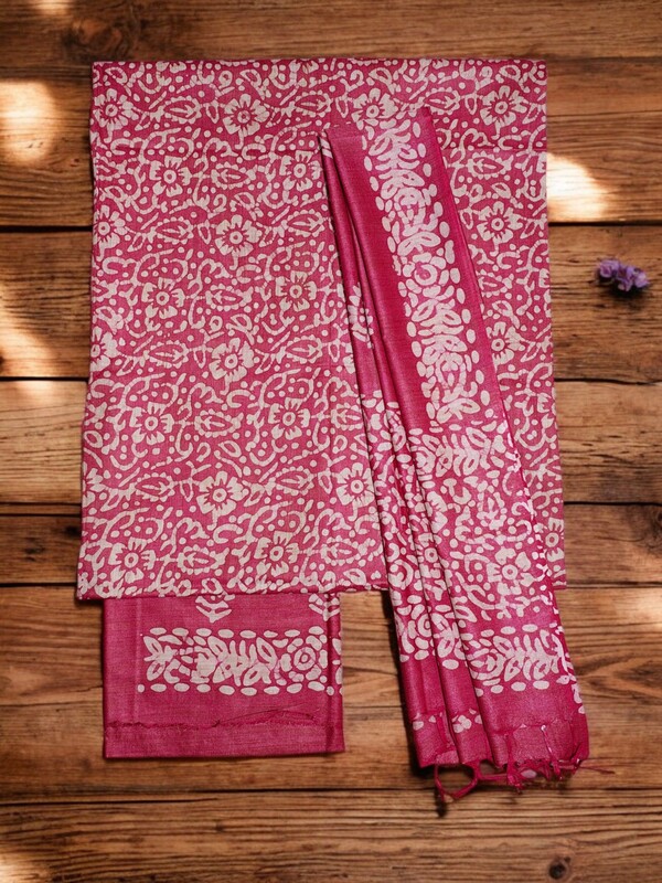 Dark Pink Unstitched Batik Print Cotton Salwar Suit Dress Material with Dupatta