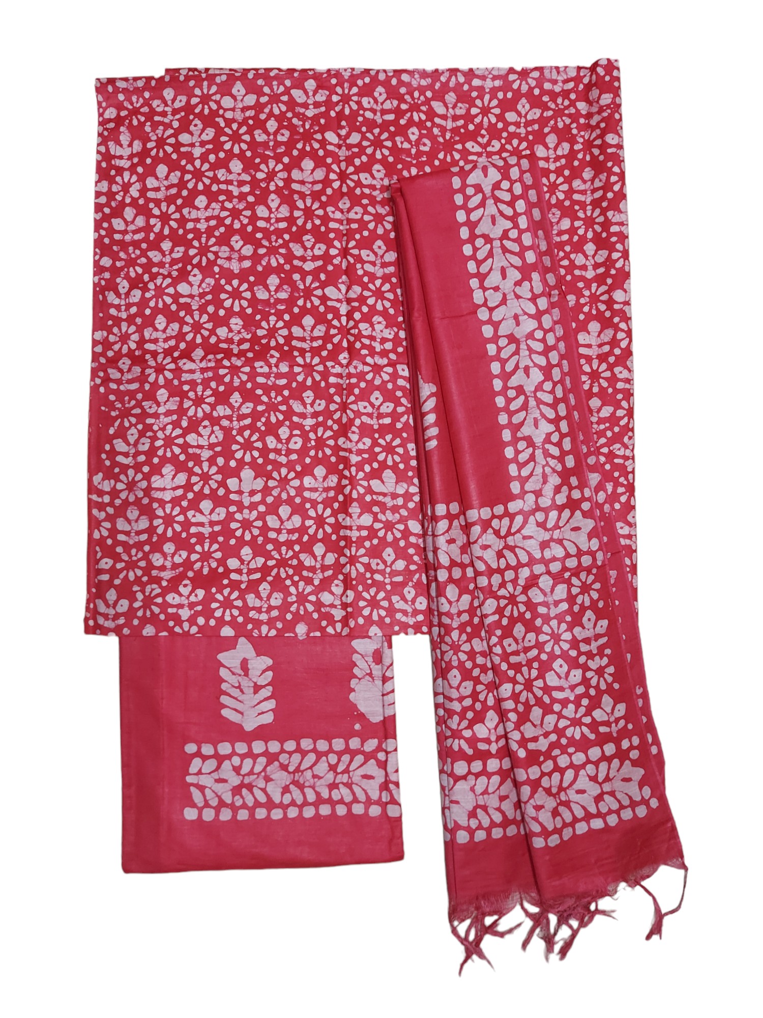 Pink Unstitched Batik Print Katan Silk Salwar Suit Dress Material with Dupatta