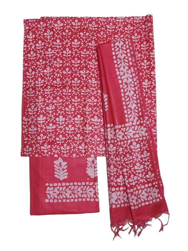 Pink Unstitched Batik Print Katan Silk Salwar Suit Dress Material with Dupatta