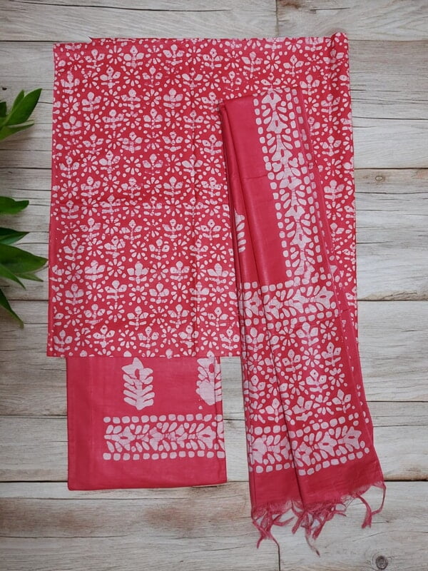 Pink Unstitched Batik Print Katan Silk Salwar Suit Dress Material with Dupatta