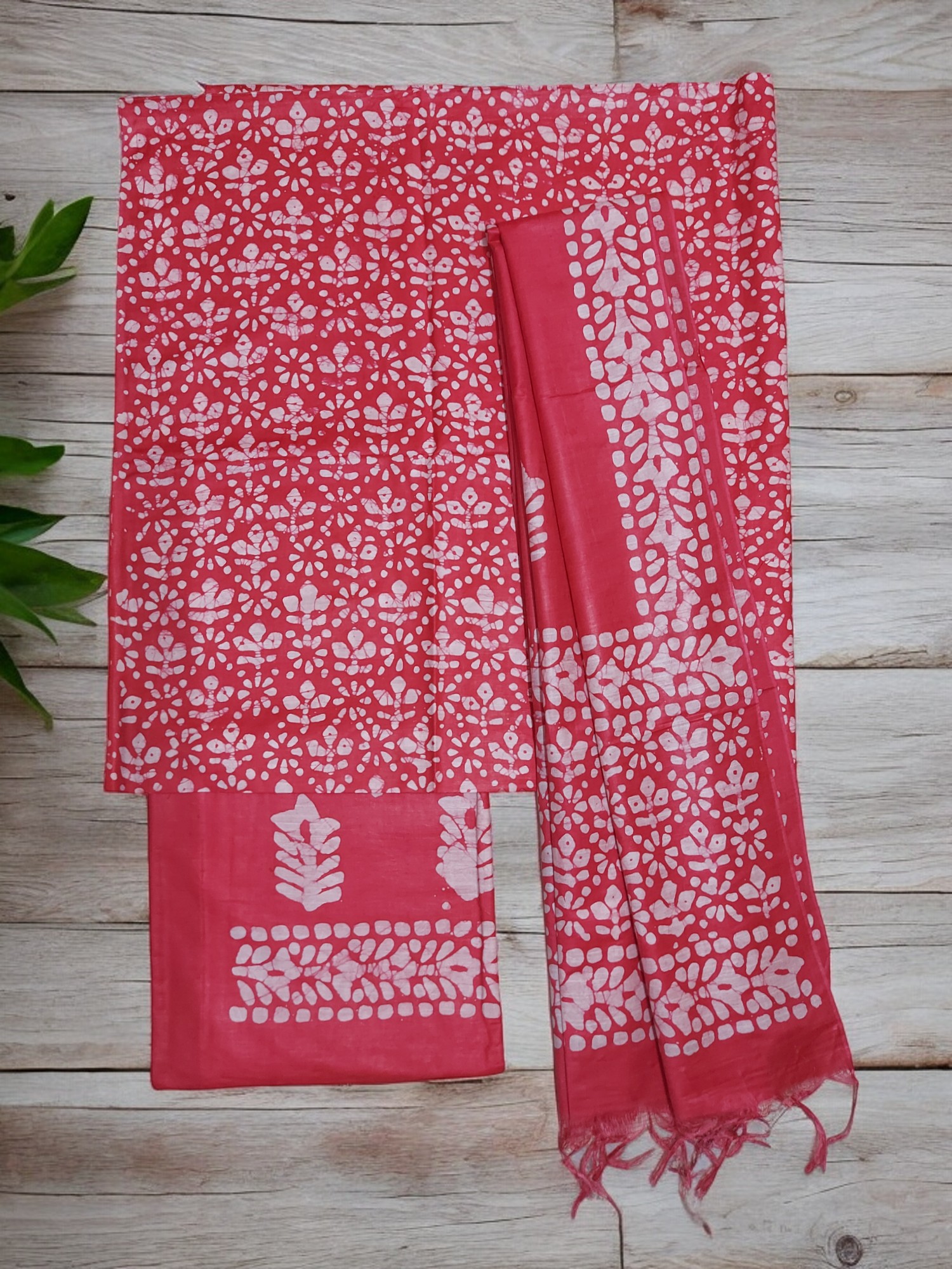 Pink Unstitched Batik Print Katan Silk Salwar Suit Dress Material with Dupatta
