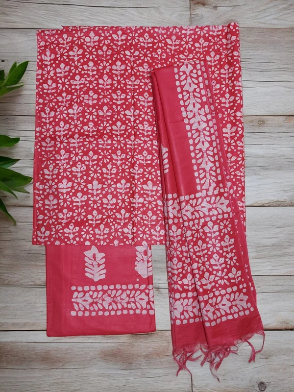 Pink Unstitched Batik Print Katan Silk Salwar Suit Dress Material with Dupatta