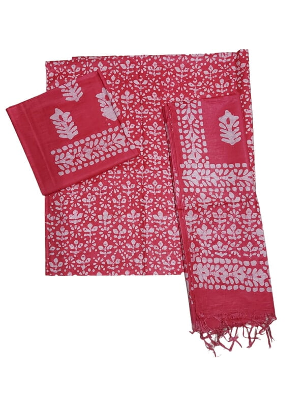 Pink Unstitched Batik Print Katan Silk Salwar Suit Dress Material with Dupatta