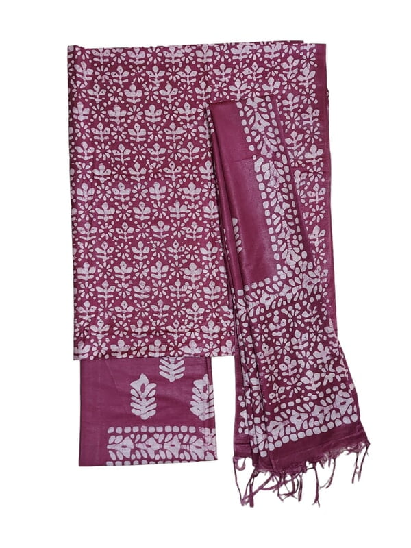 Wine Unstitched Batik Print Katan Silk Salwar Suit Dress Material with Dupatta