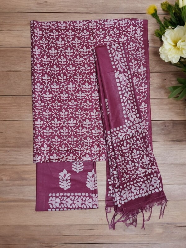 Wine Unstitched Batik Print Katan Silk Salwar Suit Dress Material with Dupatta