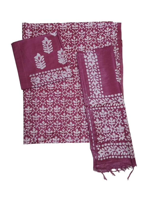 Wine Unstitched Batik Print Katan Silk Salwar Suit Dress Material with Dupatta