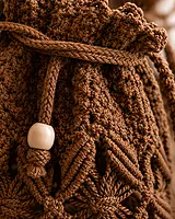 Chocolate Brown Macrame Bucket Bag with Drawstring & Wooden Beads