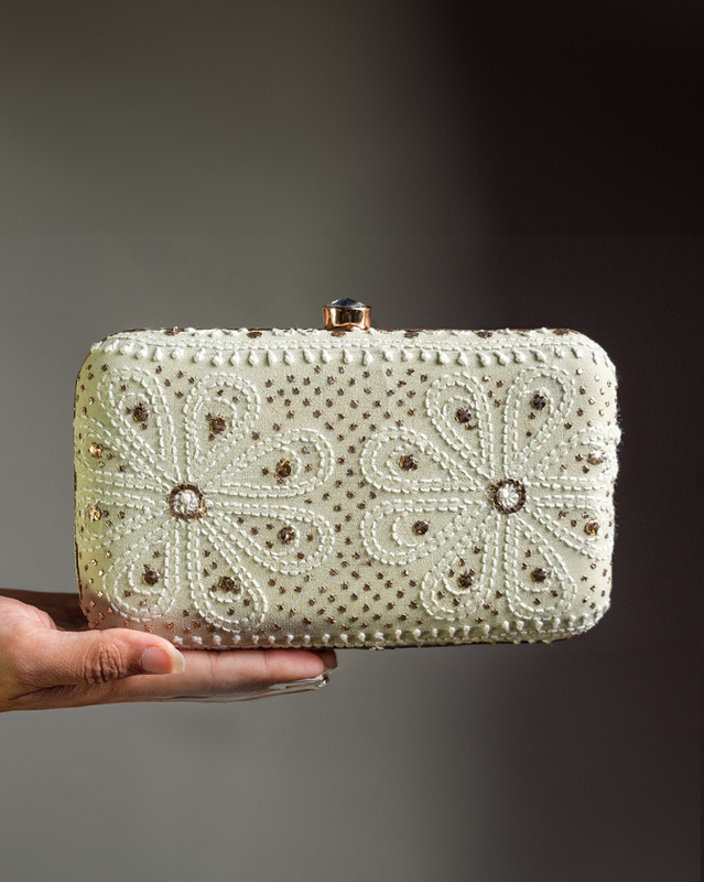 Beautiful Cream Floral Chikankari Clutch Bag – Handmade in Lucknow