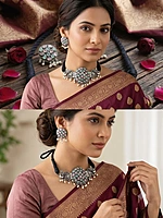 oxidized silver choker set combines traditional ethnic motifs with pastel accents: