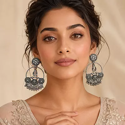 Afsana Oxidised Silver Bird Motif Chandbali Earrings